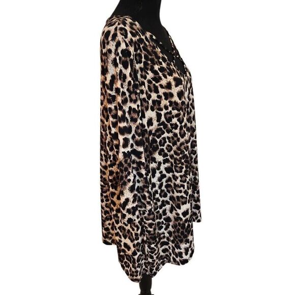 Lovely J Womens Leopard Print Criss-Cross Tunic Blouse Black Brown Plus Size 1X - Picture 3 of 9